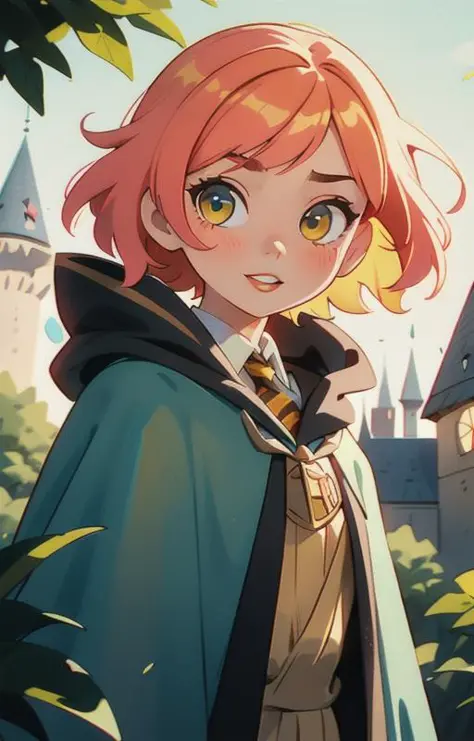 1girl, short pink hair,(hufflepuff House Cloak),( inner cloak yellow:1), (outer cloack black:1),yellow eyes, looking at viewer, solo, upper body,(masterpiece:1.4),(best quality:1.4),red lips,parted lips, ((hogwarts castle:1)),indor,dramatic shadows,extreme...