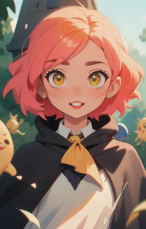 1girl, short pink hair,(hufflepuff House Cloak),( inner cloak yellow:1), (outer cloack black:1),yellow eyes, looking at viewer, solo, upper body,(masterpiece:1.4),(best quality:1.4),red lips,parted lips, ((hogwarts castle:1)),dramatic shadows,extremely_bea...
