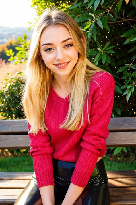 S430_CeceliaTaylor, long hair, smiling, modern photo, (blonde hair), (wearing burgandy edgPO pullover, edgPO), <lora:edgPullovers:1>, (wearing leggings), (cowboy shot), (35mm, F/2.8) Photo Focus, DOF, Aperture, insanely detailed and intricate, character, hypermaximalist, beautiful, revealing, appealing, attractive, amative, hyper realistic, super detailed, beautiful girl, ((detailed eyes)), long eyelashes, (glossy lips), sitting on a wooden bench, in the garden, daytime, sunny, bright lighting, modeling