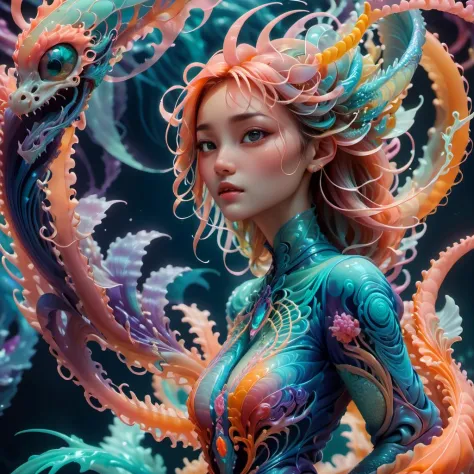 Psychedelic style A fantasy creature,Jellyfish + Dragon,underwater dragon,hybrid,8k,beautiful lighting,up close,digital art,intr...