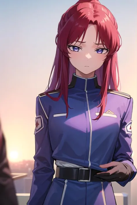 a close up of a person in a uniform with red hair