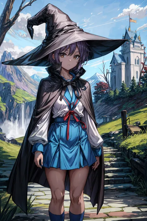 (masterpiece),(best quality), yuki,witch hat, witch cape, summer uniform, kneehighs, blank face, blank eyes, inexpressive face,   standing, japanese castle, close, outside, persistent stare, mountains, forest, highground, hello there,  looking at the viewer, 