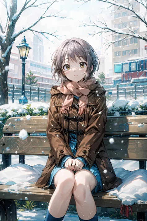 (masterpiece),(best quality), <lora:NagatoYuki:0.9>, yuki, brown coat,  scarf, kneehighs, blank eyes, inexpressive face, park, waiting, bench, snow, snowing, tree, nature, <lora:Velvia1:0.6>,  <lora:Adddetail:0.8>