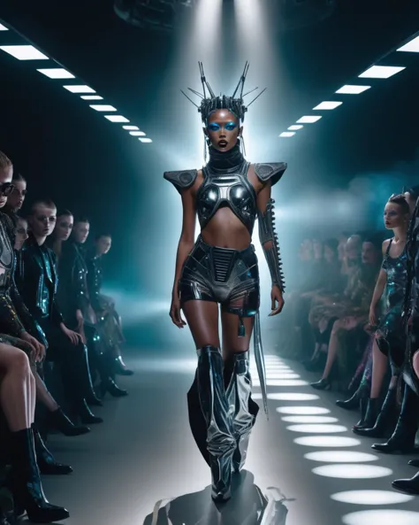 a woman in a futuristic outfit walks down a runway