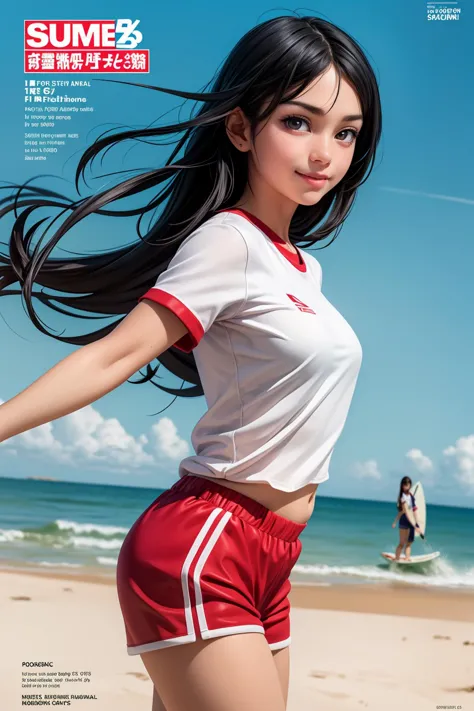 a woman in a white shirt and red shorts standing on a beach