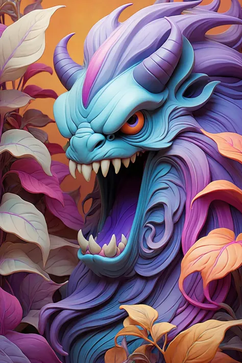 purple and blue dragon statue with orange eyes and purple leaves