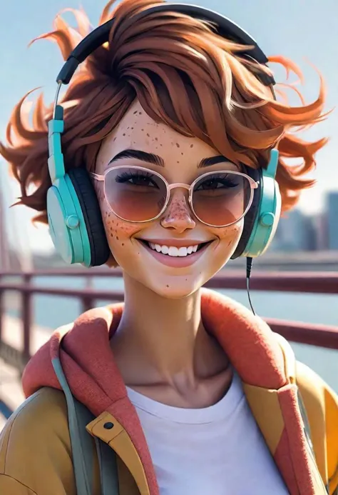 a woman with headphones and sunglasses standing on a bridge