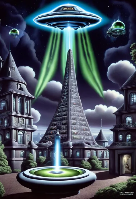 a painting of a large alien flying over a city