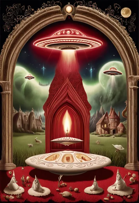 a painting of a red altar with a lit candle and alien spaceships