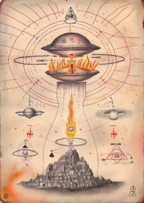 Cosmic Transmutation: UFOs hover within alchemical crucibles, catalyzing spiritual metamorphosis with astral fire and primordial essence.<lora:UFO_Alchemy_sdxl:1.0>