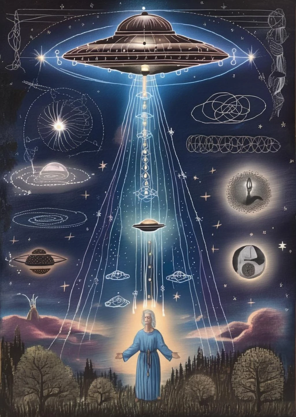 Чародейский звездный свет: НЛО излучают эфирные лучи, которые описывают космические откровения на ночном небе, переплетение мистики со звездным сиянием.