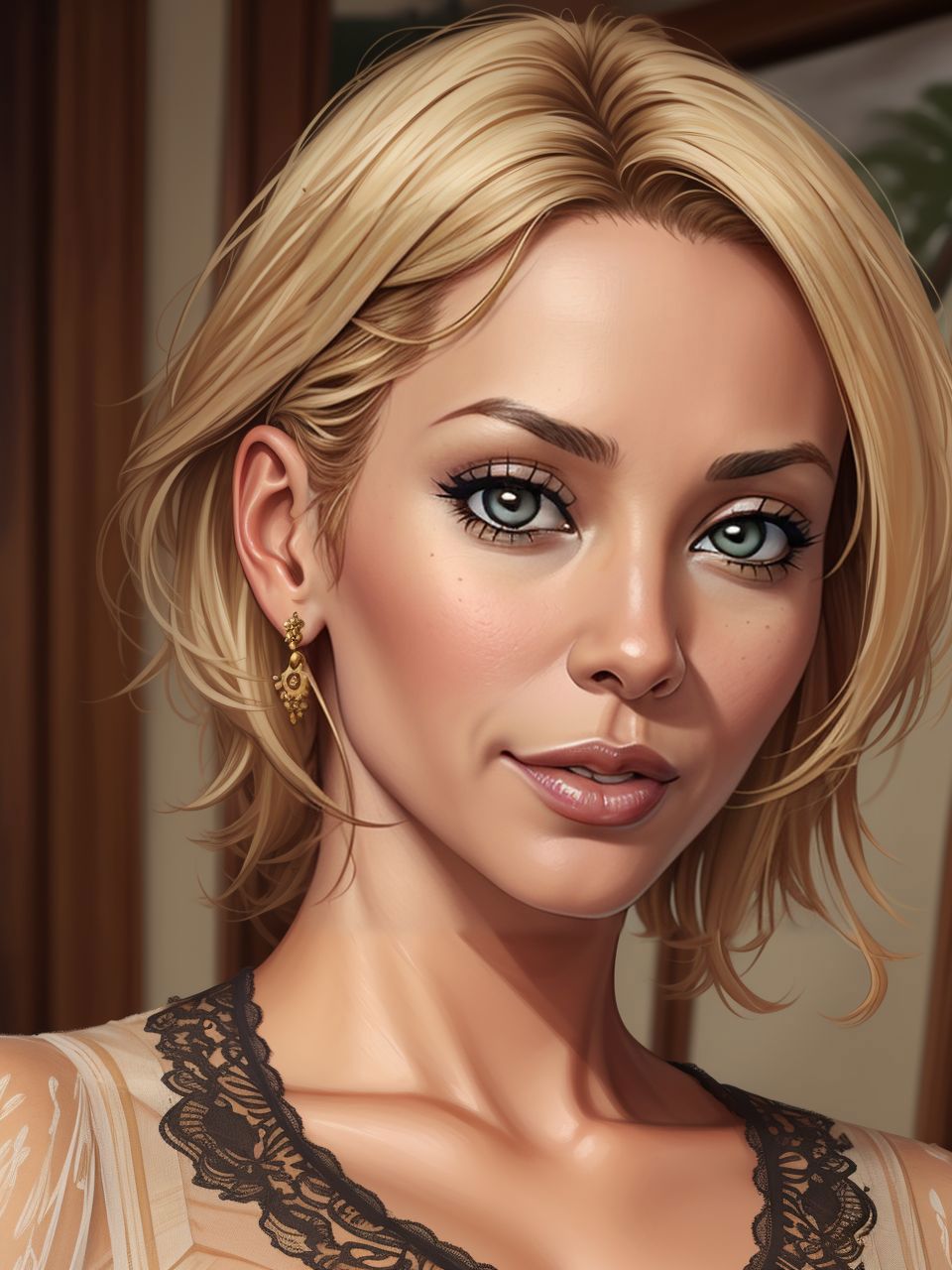 A painting of a woman with blonde hair and blue eyes - SeaArt AI