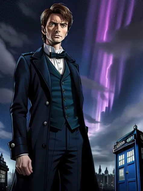 ((SFW)), David Tennant est le Docteur Who, Londres victorien, Boîte de police TARDIS, il pleut la nuit, aurore dans le ciel, foudre,