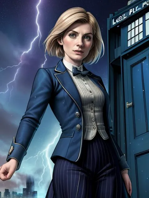 ((SFW)), Jodie Whittaker est Docteur Who, Londres victorien, (Boîte de police TARDIS), il pleut la nuit, aurore dans le ciel, foudre,