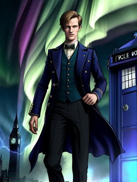 ((SFW)), Matt Smith is Doctor Who, Victorian London, TARDIS Police Box, Raining at Night, aurora in the sky, lightning,