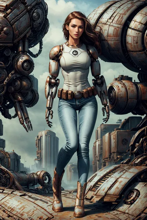 [Ana Nichole Smith|Carmen Ibanez], beauty512, full body shot, standing, green irises, wearing tank top, wearing blue jeans, wearing utility belt, wearing leg pouch, wearing combat boots, (mechanical shoulders:1.5), (mechanical arms:1.4), mechanical hands, (<lora:OxideTech:1>s cifi), (<lora:LORA-XenoDetailer-v2:0.7>), edgQuality,