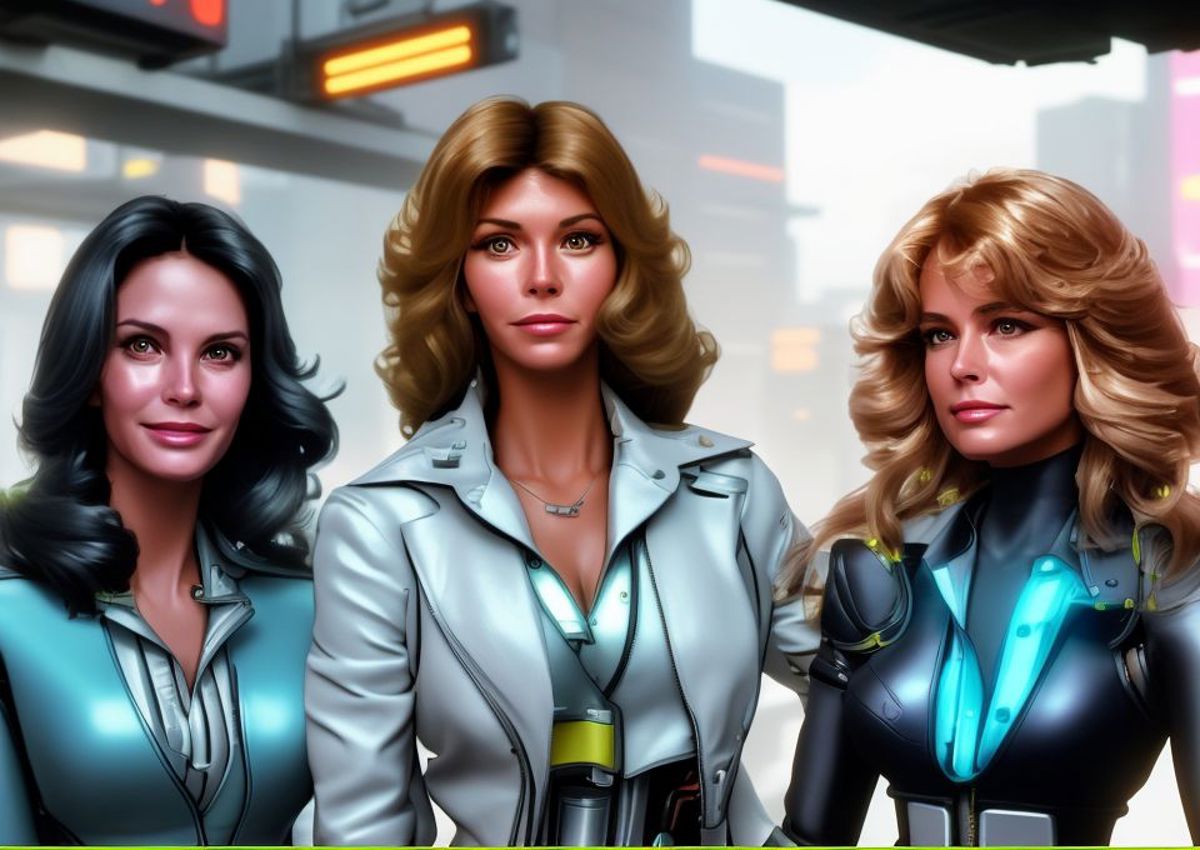 A close up of three women in futuristic clothing standing in front of a  building - SeaArt AI