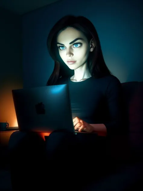 1 woman, sitting on sofa, legs apart, gooning, dark room, lit by screen, laptop computer, coffee table, slack jaw,, Stareware, 
...