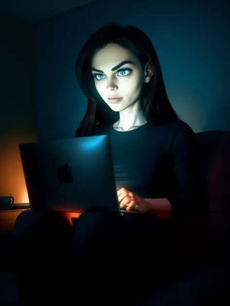 1 woman, sitting on sofa, legs apart, gooning, dark room, lit by screen, laptop computer, coffee table, slack jaw,, Stareware, 
 <lora:StareWare:0.7>