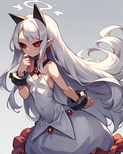 a close up of a woman with long white hair and a cat ear