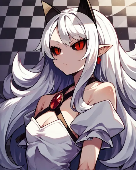 anime girl with white hair and red eyes wearing a crown