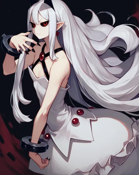 anime girl with long white hair and red eyes holding a gun