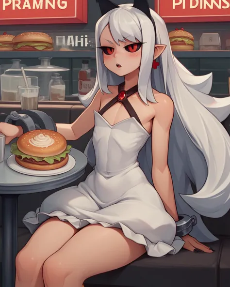 anime girl sitting at a table with a hamburger and a drink