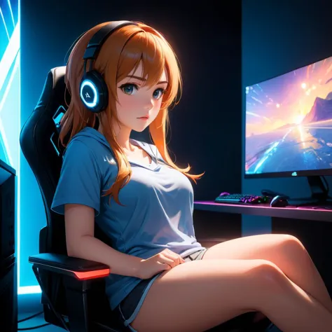 A passionate gamer girl sits in front of a computer, their feet casually resting on a nearby chair. With a determined expression...