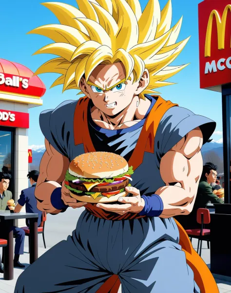 Goku Super Saiyan holding a burger at McDonalds, Dragon Ball Z, japanese animation, flat colors, toon, anime style