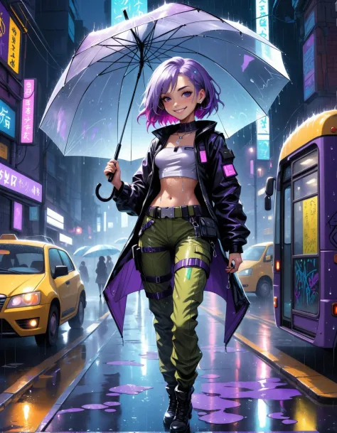 girl standing in futuristic clothing on a bus stop holding umbrella in one hand, holding arm up, at night, holding an umbrella b...