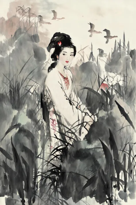 Chinese ink painting, 1 girl, among grass,hanfu,red lips,looking at viewer, birds, trees, mountains, <lora:Chinese_INK_painting_V1:1>