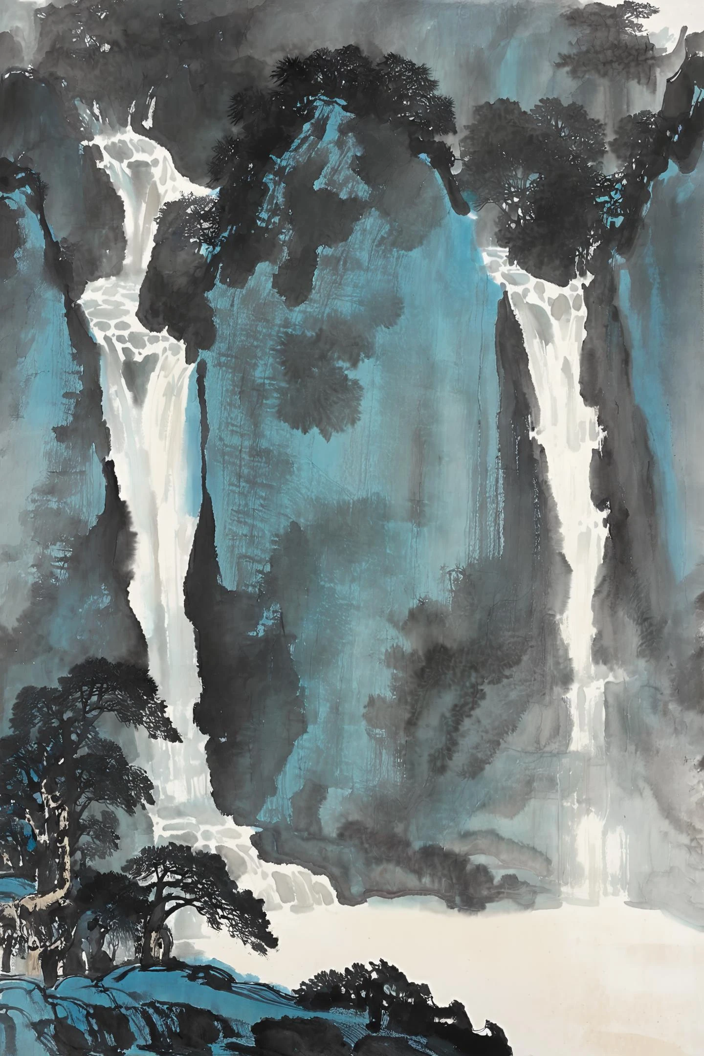 中国水墨画, 瀑布, 山脉,树木,河流, 