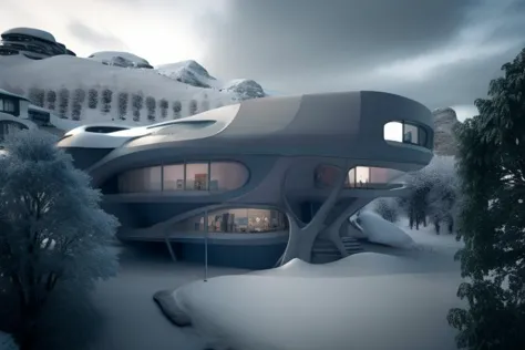 a close up of a futuristic house in the snow with a lot of trees