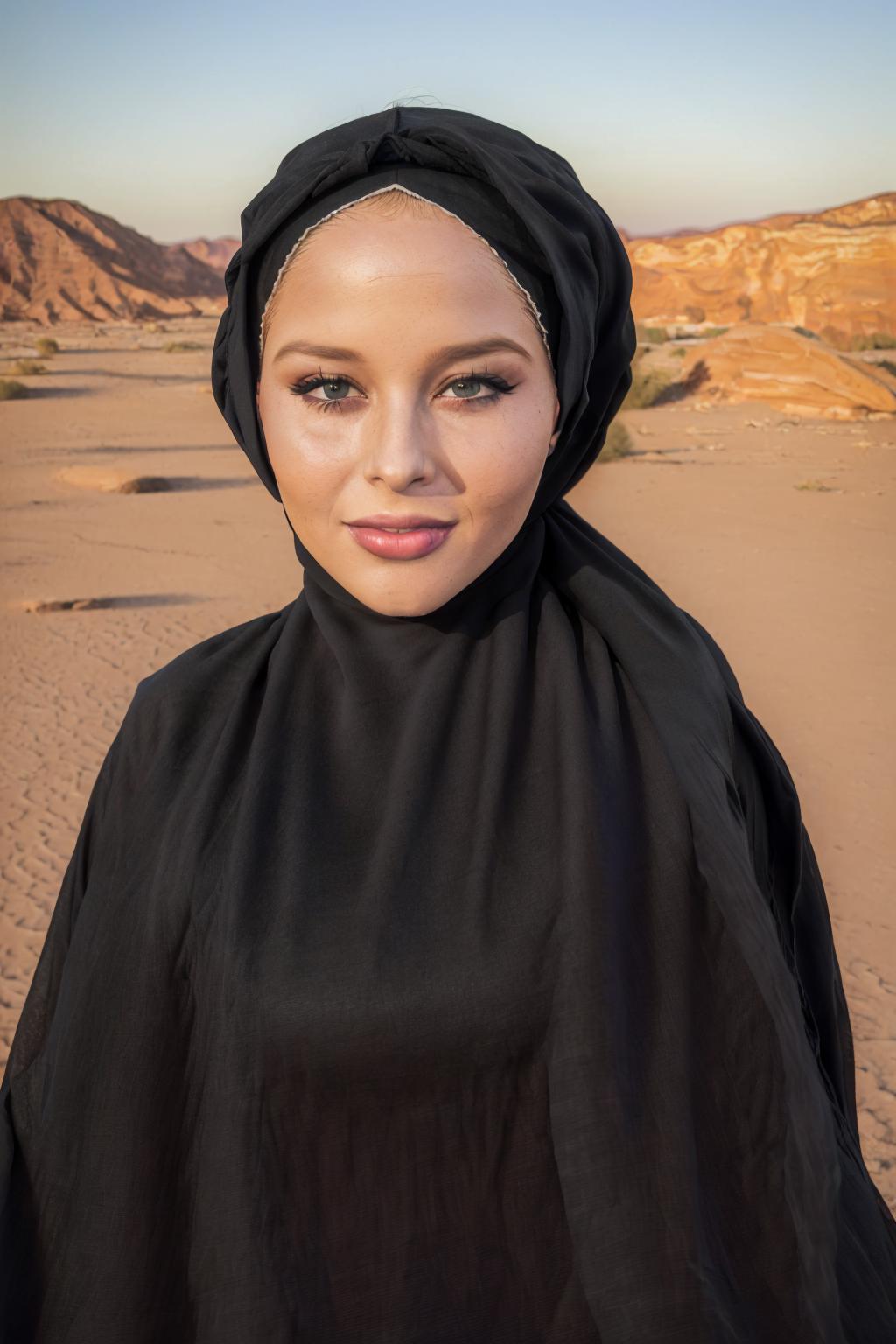 A woman in a black hijab stands in the desert - SeaArt AI