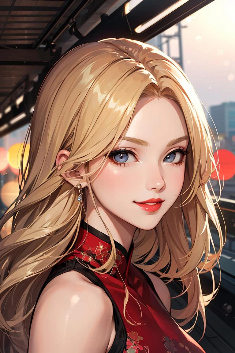 1girl,a beautiful korean fashion model bokeh train ,  (masterpiece, detailed background, best quality), long and shiny hair, blonde hair,  smirk, juicy lips,  red lips,