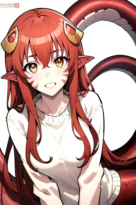 anime girl with red hair and horns sitting on a snake