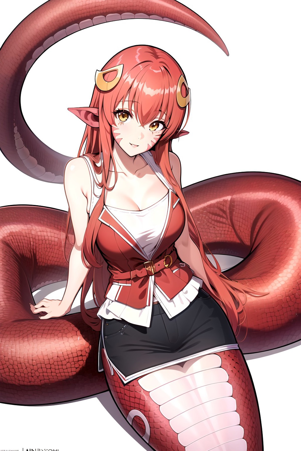 Anime girl with red hair and horns sitting on a giant snake - SeaArt AI