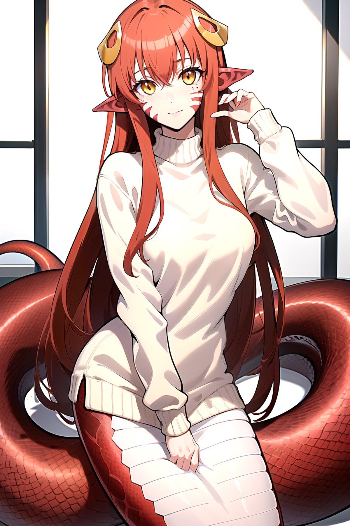 Anime girl with red hair and horns sitting on a red snake - SeaArt AI