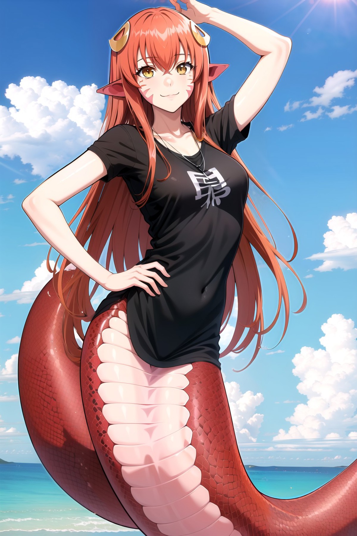 A woman in a black shirt and red hair standing on a beach - SeaArt AI