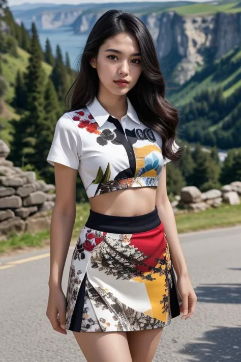 1 woman, 22yo, realistic, masterpiece, high detailed skin, looking at viewer, full body shot, scenic view, long hair, black hair
<lora:Print_Shirt_Skirt_By_Stable_Yogi:1> print shirt, print skirt