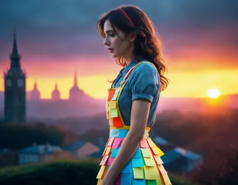 girl, Digital art, Abrasive Selina Meyer, wearing Preposterous Pinafore with Post-it notes accessories, Standing, Vibrant hair styled as Wavy, at Sunrise, Crying, split lighting, [ (art by Ryan Hewett:1.2) :art by Lucian Freud:10], beautiful,dynamicpose