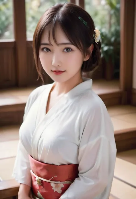 ((Une gravure d&#39;une belle femme japonaise, 23 ans, maquillage parfait)) debout avec une pose féminine, (photo réaliste), (yeux doux et détaillés:2.0, Embrasser les lèvres, sourire:1.8),(chignons:2.8), très beau kimono fleuri, dis obi, (Gros culs:1.7, Prise de vue complète du corps:2.8)
