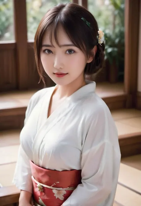 ((A gravure of beautiful Japanese woman, 23 years old, perfect make-up)) standing with feminine pose, (photo realistic), (detailed gentle eyes:2.0, kissing lips, smile:1.8),(updo hair:2.8), very beautiful floral kimono, red obi, (big bottoms:1.7, full body shot:2.8)