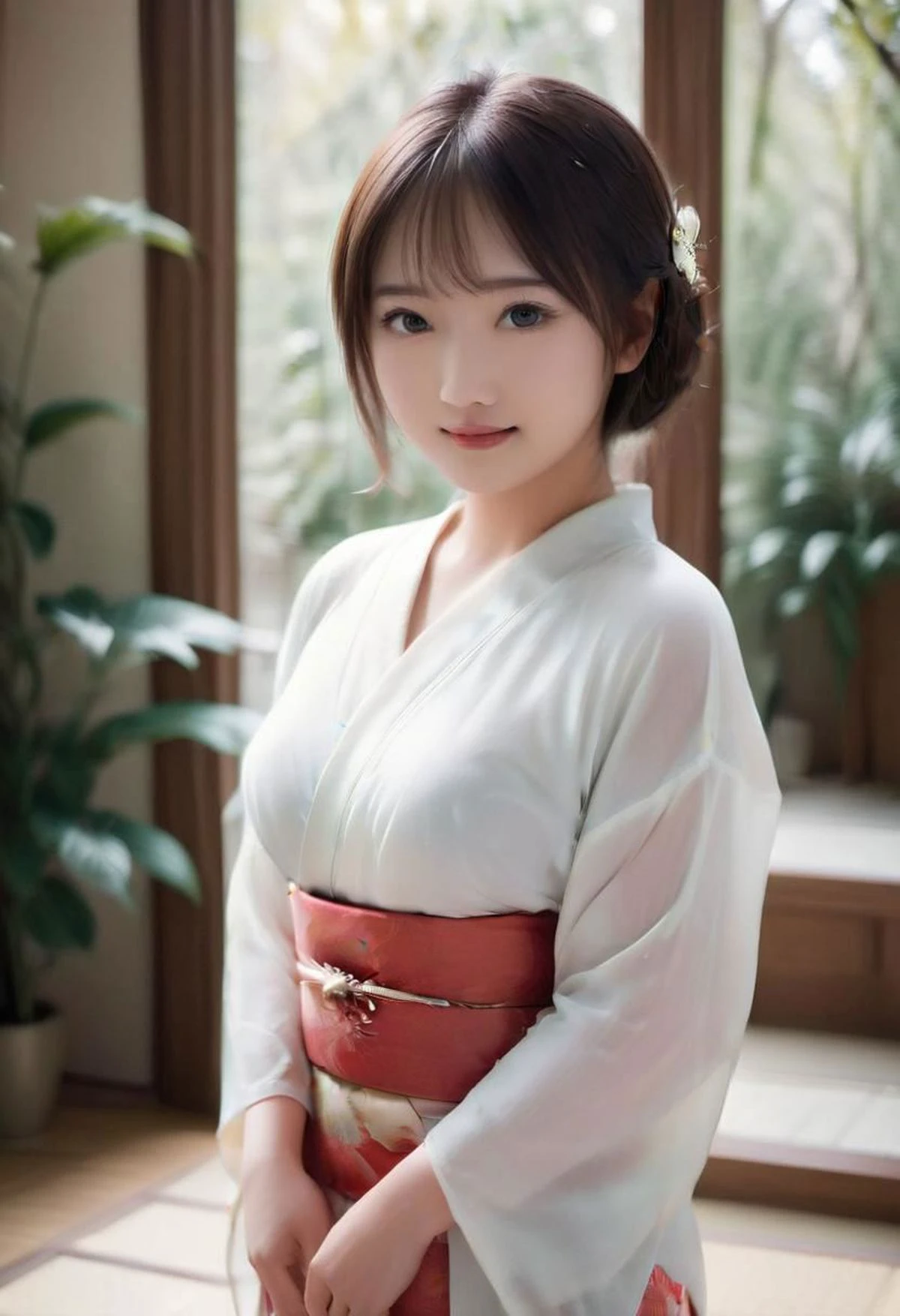 ((A gravure of beautiful Japanese woman, 23 years old, perfect make-up)) standing with feminine pose, (photo realistic), (smile:1.8),(updo hair:2.8), very beautiful floral silky kimono, red obi, white tabi, zori, (big bottoms:1.7, full body shot:2.8)