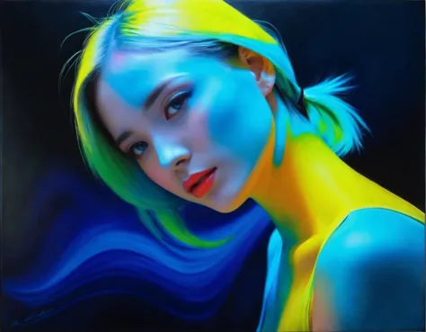 a close up of a woman with a yellow top and blue hair