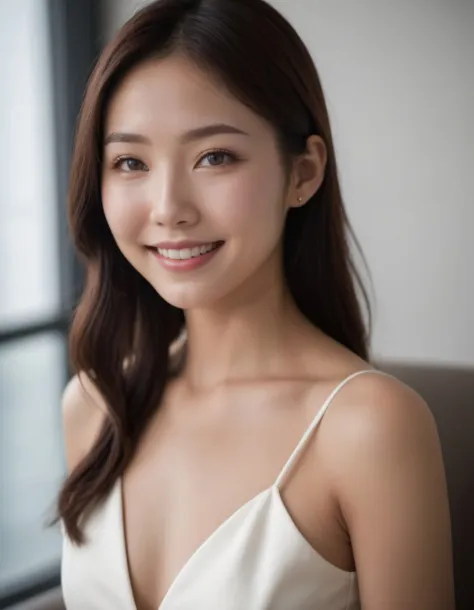 japanese woman, (waist focus),
(pupil, Beautiful eye detail), (archaic smile),
(natural Lighting), (white sleeveless dress),
in ...