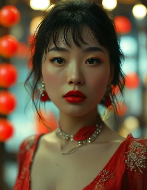 cinematic still midjourney female chinese, thick red lips, big round tits, cleavage, model, haute couture . emotional, harmoniou...