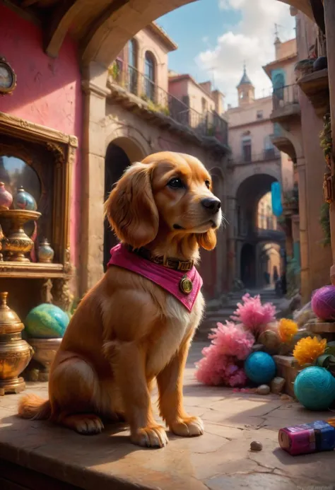 cinematic still Cocker Spaniel and Birman cat in Guanajuato in Forza Horizon 5 with its colorful streets and underground tunnels...