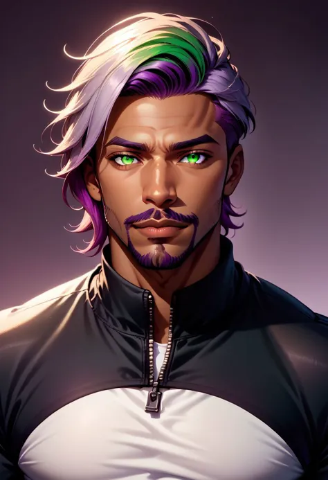 a man with purple hair and green eyes wearing a black jacket