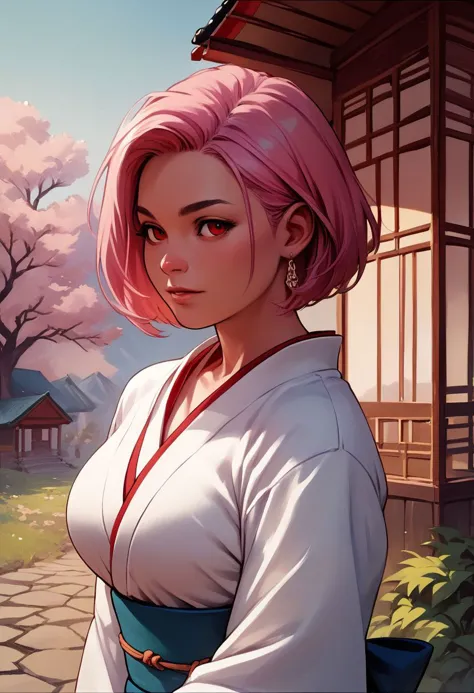 Larocca Art Style, solo, short hair, red eyes, 1girl, jewelry, upper body, voluptuous, bbw, sexy, pink hair, earrings, japanese clothes, kimono, portrait, outdoors, PonyXLV6_Scores , PnyCmicXLPOS,